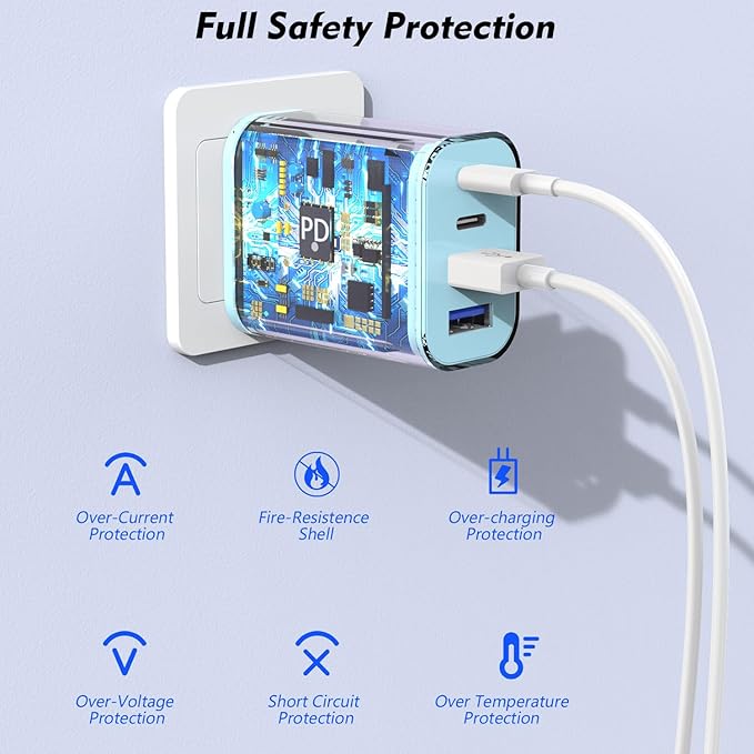 2 Pack 40W USB C Wall Charger,4-Ports Multiport PD Power Adapter & QC Wall Plug, Apple Fast Charging Block,iPhone USBC Charging Brick Compatible with iPhone 17/Air/17 Pro/16/16e/15/Pro Max/14/13(Blue)