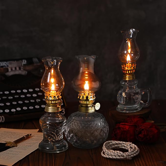 Yexiya 6 Pcs Chamber Oil Lamps Oil Lamp Vintage Glass Kerosene Lamp Bulk with Adjustable Fire Wick Rustic Clear Hurricane with 6.6 ft Extra Wick for Indoor Use Home Decor 8 Inch (Delicate)