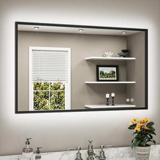 TETOTE 40 x 24 Backlit Mirror Brushed Black Metal Frame LED Light Vanity 3-Color White/Warm/Natural Stepless Dimmable Anti-Fog Backlight Mirror Wall-Mounted