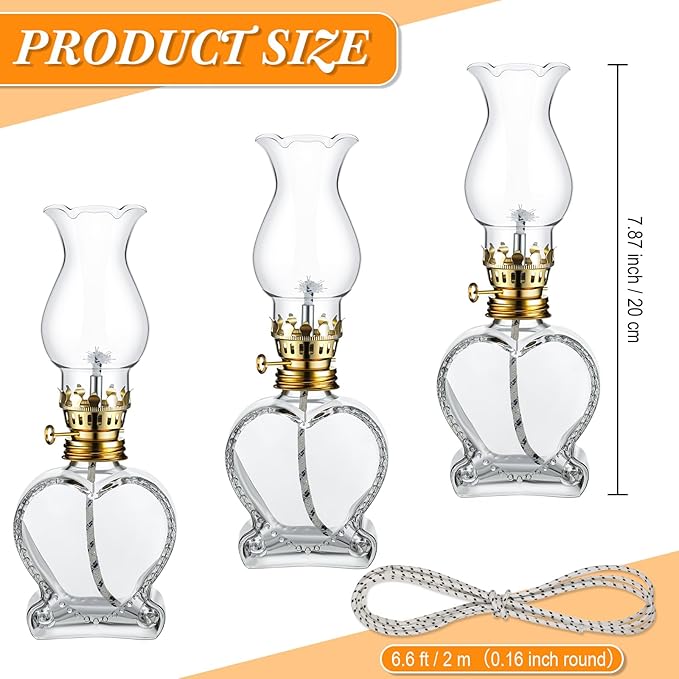 Yexiya 6 Set Vintage Glass Kerosene Lamp Rustic Oil Lamp Lantern Chamber Oil Clear Kerosene Hurricane with 6.6 ft Extra Wick for Indoor Use Lighting Decor Emergency (Heart Style)