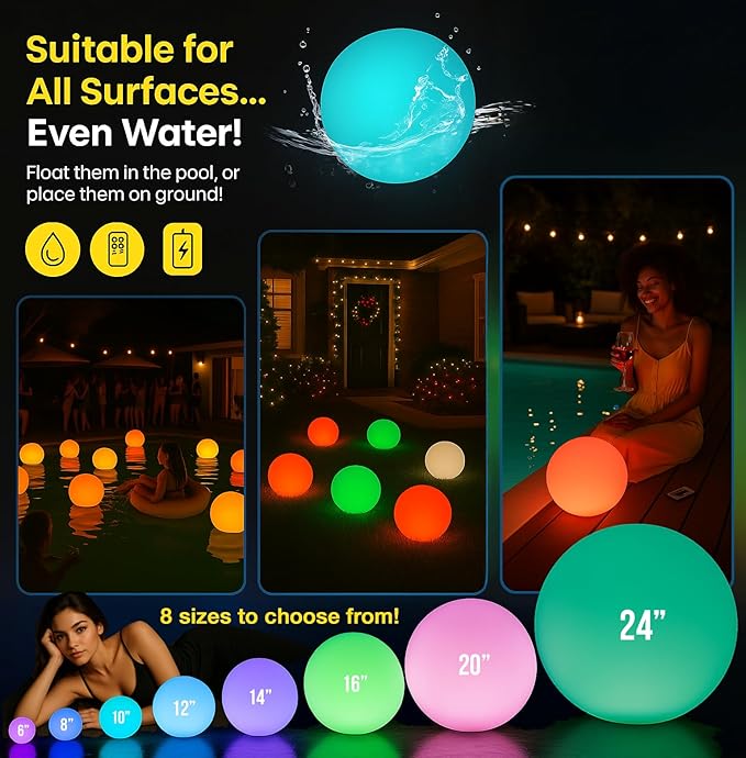 Vandue Color-Changing LED Light Ball – Rechargeable Glow Sphere with Remote – IP65 Waterproof RGB Night Light for Indoor/Outdoor, Pool, Garden, Party & Decor (24 Inch)