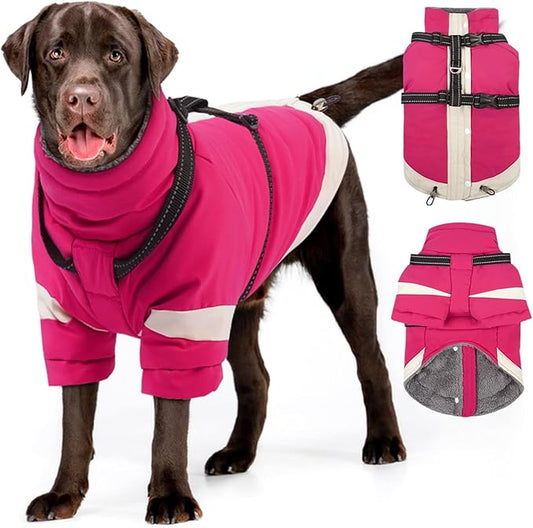 MIGOHI Rainproof Dog Winter Jacket with Harness,XXL Large Fleece Dog Coat with Sleeves,Adjustable Pet Puffer Jacket Snowsuit Cold Weather Coats for Golden Labrador Retriever,XXL,Rosered