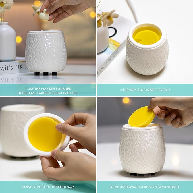Wax Melt Warmer Ceramic Burner for Scented Cubes Electric Oil Burner Melter with Silicone Dish Fragrance Warmer for Home Office Bedroom White Leaf