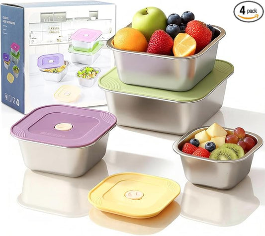 4-Piece Stainless Steel Snack & Lunch Box with Lids Set, Stackable Metal Food Storage Containers with Lids, Airtight Leakproof Lunch Containers , Dishwasher Safe Bento Box(Size 4.5", 5.5", 6.3", 7")