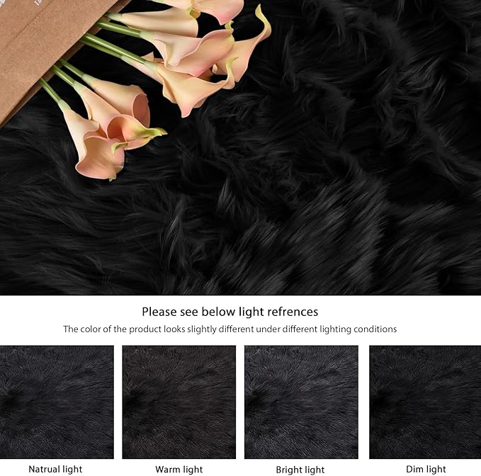 Black Fuzzy Living Room Washable Area Rugs for Bedroom Shag Circle Faux Sheepskin Furry Fur Round Rug 5ft Nursery Rug