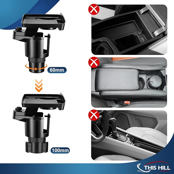 This Hill 2 Pack Cup Holder Tray for Car, 2 in 1 Detachable Car Food Table Tray with 3.93" Base & Phone Slot,Car Cup Holder Expander with 360°Rotation Tray for Travel Road Essentials Accessories