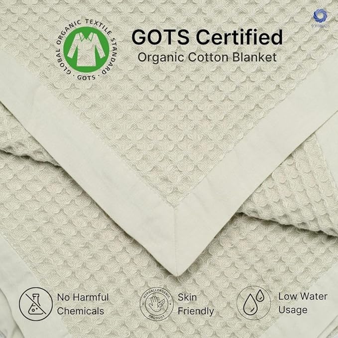 GOTS Certified Organic Cotton Waffle Weave Blanket, Twin Bed, 66"X90"Cozy Throw Blanket for Couch, Modern Home Decor, Throw Blankets, Comfy Waffle Blanket Soft Bed Blankets -Sea Foam