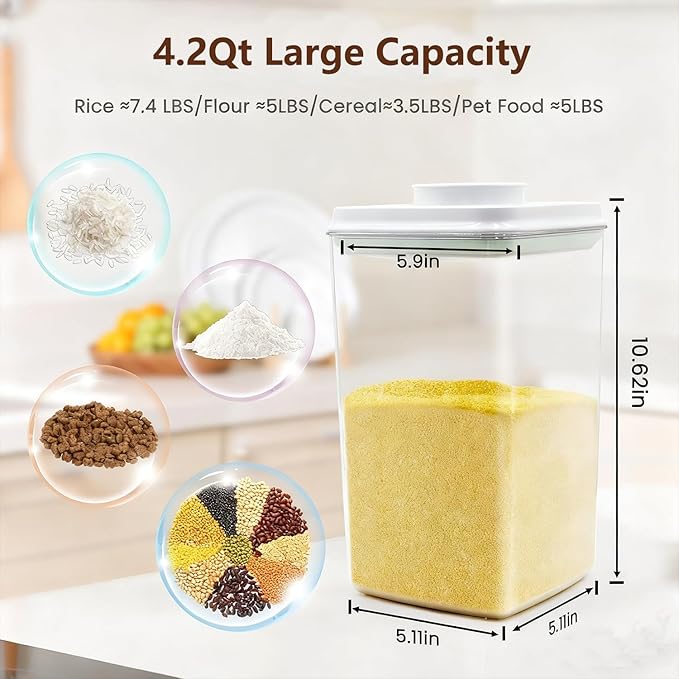 Hontent Large Pop Airtight Food Storage Containers Set with Lids 4.2Qt/4L Food Containers with Scoop, Kitchen Pantry Organization and Storage, BPA Free Stackable Cereal Container (4 * 4.2Qt)