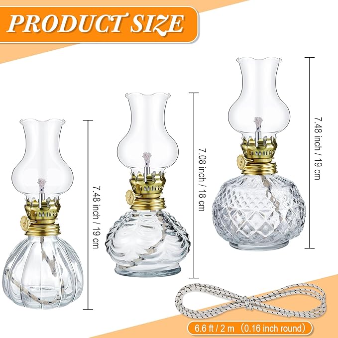 Yexiya 6 Pcs Chamber Oil Lamps Oil Lamp Vintage Glass Kerosene Lamp Bulk with Adjustable Fire Wick Rustic Clear Hurricane with 6.6 ft Extra Wick for Indoor Use Home Decor 8 Inch (Vivid)