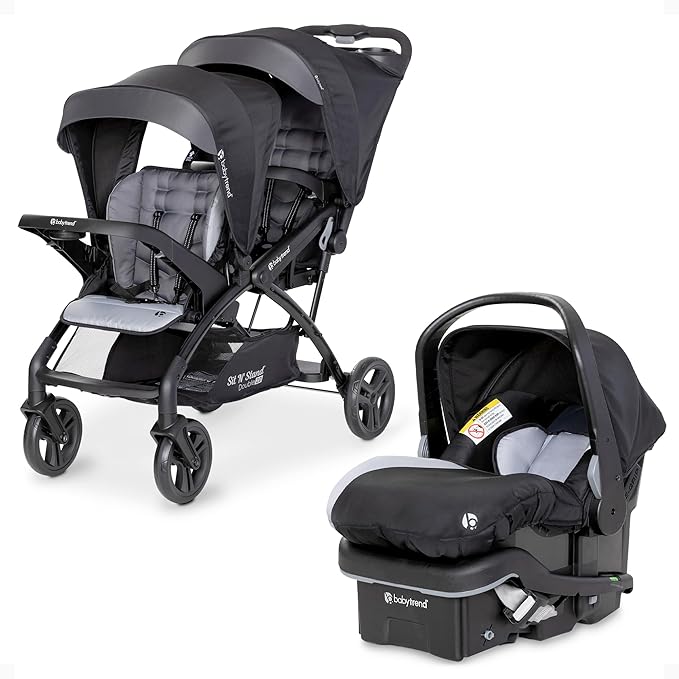 Baby Trend Infant and Toddler Double Stroller & Car Seat Combo, 2 Pc Set, Stormy - Lightweight and Compact Travel Stroller and Carseat Tandem for Babies, Infants, and Toddlers