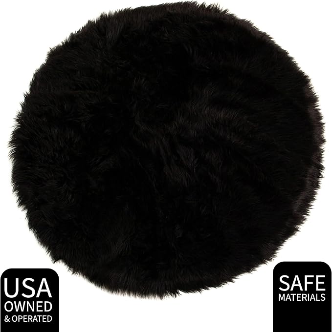 Super Area Rugs Ultra Soft & Fluffy Faux Sheepskin Rug, Black 3 x 3 Feet Round Carpet for Bedroom Living Room