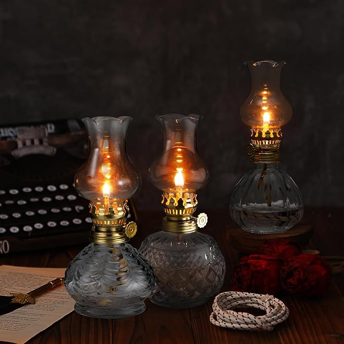Yexiya 6 Pcs Chamber Oil Lamps Oil Lamp Vintage Glass Kerosene Lamp Bulk with Adjustable Fire Wick Rustic Clear Hurricane with 6.6 ft Extra Wick for Indoor Use Home Decor 8 Inch (Vivid)