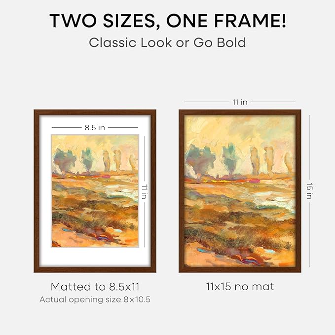 Homeforia 11x15 Brown Picture Frame, High End Dark Oak 11x15 Walnut Poster Frame with Mat 8.5x11, 11 x 15 Wooden Frames Matted to 8 by 11 inch Photo, 15x11 Frames, Tempered Glass, Wall Kit, Set of 1