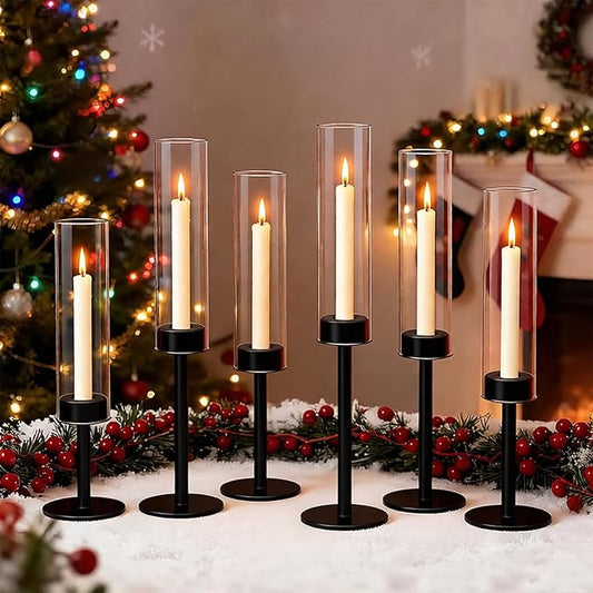 6 Black Candle Holders Set – Modern Candlestick Holders for Dining Room Decor, Candle Stick Holder Set for Weddings, Centerpieces for Tables, Gift for Home Decor, Coffee Table Candle Holder Decor