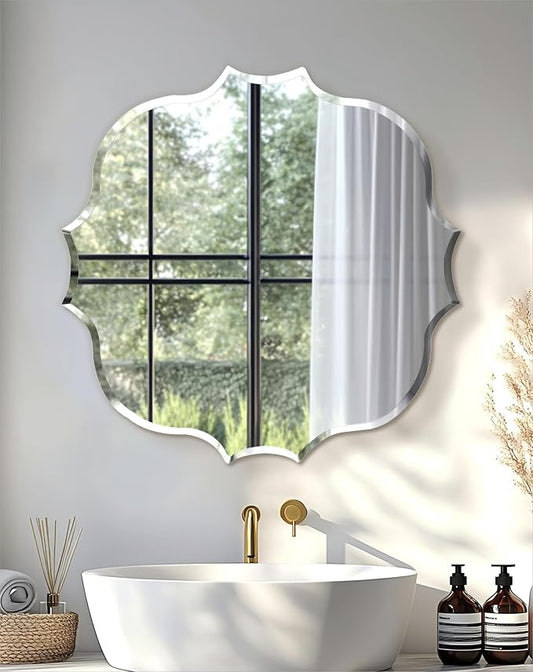 Frameless Scalloped Wall Mirror: Decorative Scallop Round Mirrored Glass Vanity with Beveled Silver Edge for Bathroom Bedroom Livingroom Dining Room Entryway Hallway, 32 x 32 inch