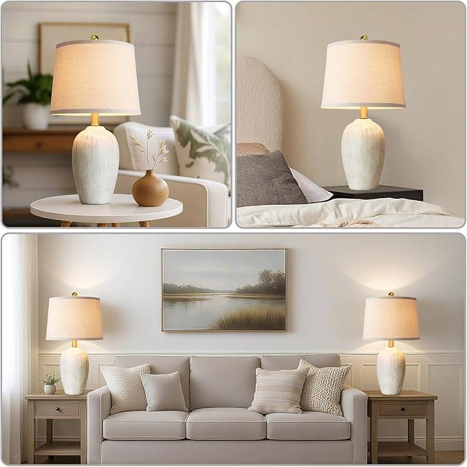21'' Set of 2 Rustic Ceramic Table Lamps for Living Room Bedroom, Farmhouse Vintage Nightstand Lamps for Office Entryway End Table, 2 Bulbs Included