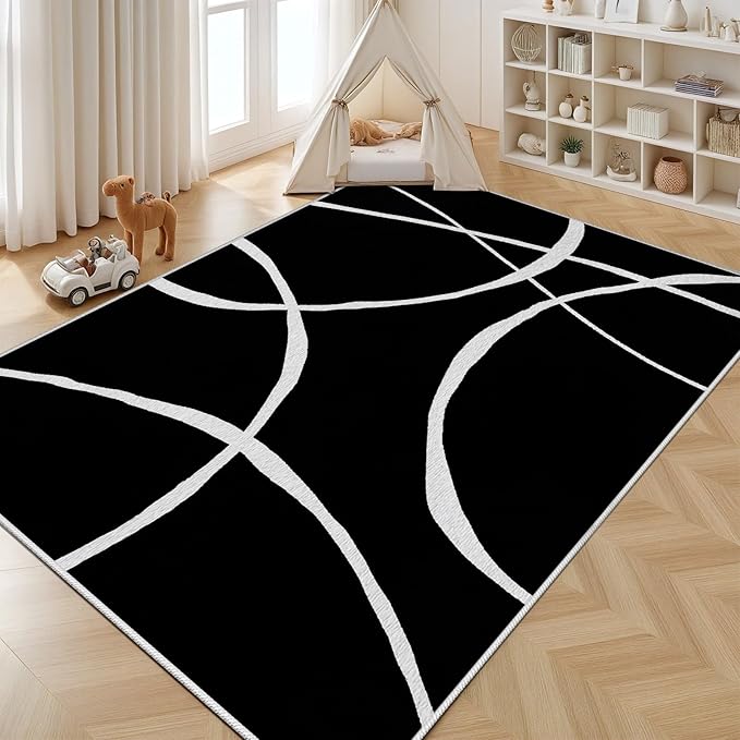 Black and White Rugs, Abstract Rug, Modern Minimalist Rug, Curved Line Design Carpet, Black and White Abstract Rugs Washable Non Slip Home Decor 7x10