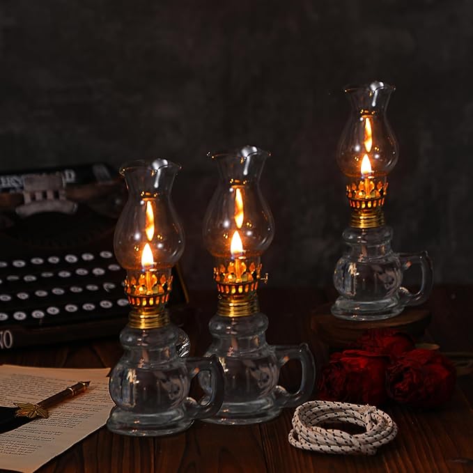 Yexiya 12 Pcs Chamber Oil Lamps Oil Lamp Vintage Glass Kerosene Lamp Bulk with Adjustable Fire Wick Rustic Clear Hurricane with 6.6 ft Extra Wick for Indoor Use Home Decor 8 Inch (Elegant)
