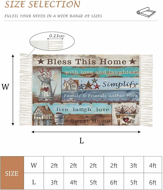 Turquoise Blue Brown Runner Rug 3X5 Ft Bedroom Area Rug, Washable Woven Vintage Barn Rustic Cabin Throw Carpet with Tassel, Non-Shedding Country Star Farm Wooden Plank Dining Room Living Room Carpets