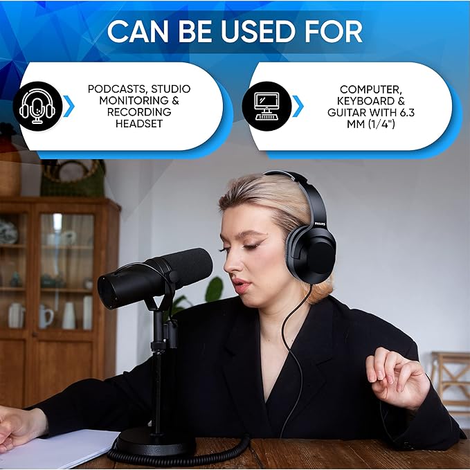 Philips Over Ear Wired Stereo Headphones for Podcasts, Studio Monitoring and Recording Headset for Computer, Keyboard and Guitar with 6.3 mm (1/4") Add On Adapter