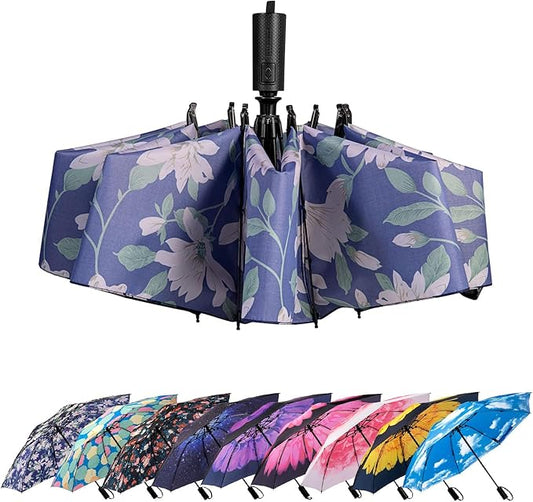 LANBRELLA Compact Reverse Folding Umbrella Auto Windproof Travel Umbrella