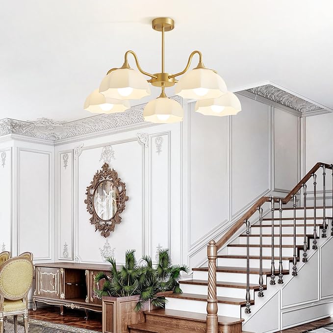 5 Light Modern Gold Chandelier Milk Glass Sputnik Pendant Light Mid Century Nordic White Ceramic Kitchen Island Hanging Lights Dining Room Lighting Fixtures Over Table Chandelier MPL13-5 GD