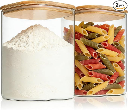 KEYWING 115oz Glass Food Storage Containers with Bamboo Lids, 2 Pack Large Square Airtight Glass Jars for Flour, Sugar, Cereal, Rice, Pasta & Coffee Beans