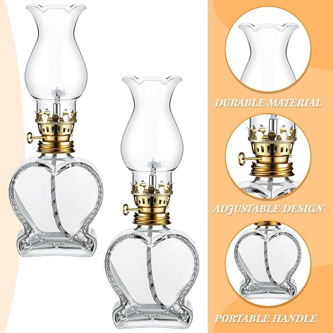 Yexiya 6 Set Vintage Glass Kerosene Lamp Rustic Oil Lamp Lantern Chamber Oil Clear Kerosene Hurricane with 6.6 ft Extra Wick for Indoor Use Lighting Decor Emergency (Heart Style)