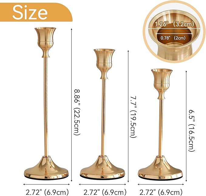 Taper Candle Holders, Tall Vintage Metal Candlestick Holders, 3 PCS Brass Gold Candle Sticks Holders for Home Decor Table Centerpiece Wedding Housewarming Festival, Rose Gold, 1 Set (3 pcs)