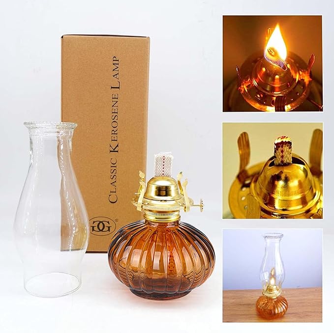 Large Oil Lamp for Indoor Use,Rustic Kerosene Lamp with 2 Pcs Wicks and 1 Tweezers,Glass Hurricane Lantern for Home Emergency Lighting (Brown)
