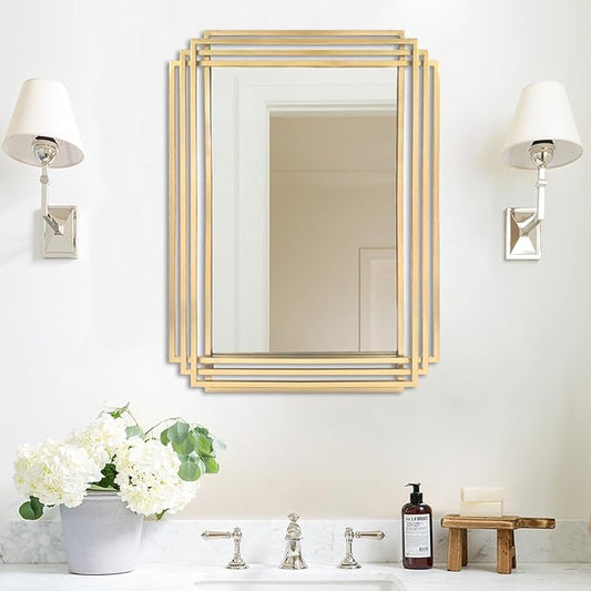 Gold Rectangle Mirror, 24"x18" Modern Vanity Wall Mirror with Metal Mirror, Geometric Art Deco Mirrors for Living Room Bathroom Bedroom Entryway Hallway, Hangs Vertically or Horizontally