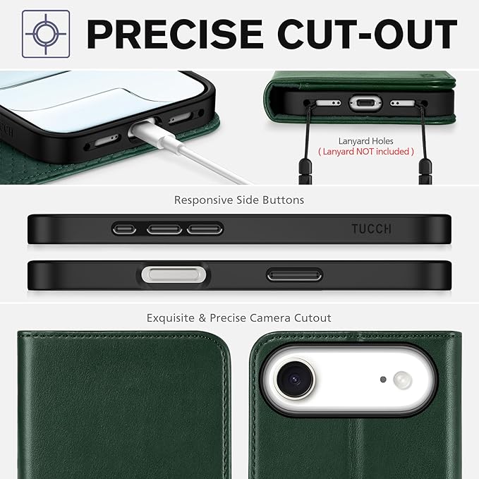 TUCCH Wallet Case for iPhone Air (6.5") 2025, 3 Credit Card Holders, RFID Blocking, Stand, PU Leather, Shockproof TPU Interior Shell, Protective Flip Folio Cover, Midnight Green
