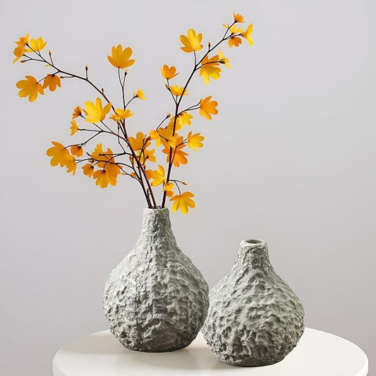 Stone Vases，Ceramic Bud Vase Set of 2,Minimalist Vases for Pampas Grass,Modern Vase for Wabi Sabi Home Decor, Shelf Decoration，Fireplace Decor,Coffee Table Decor