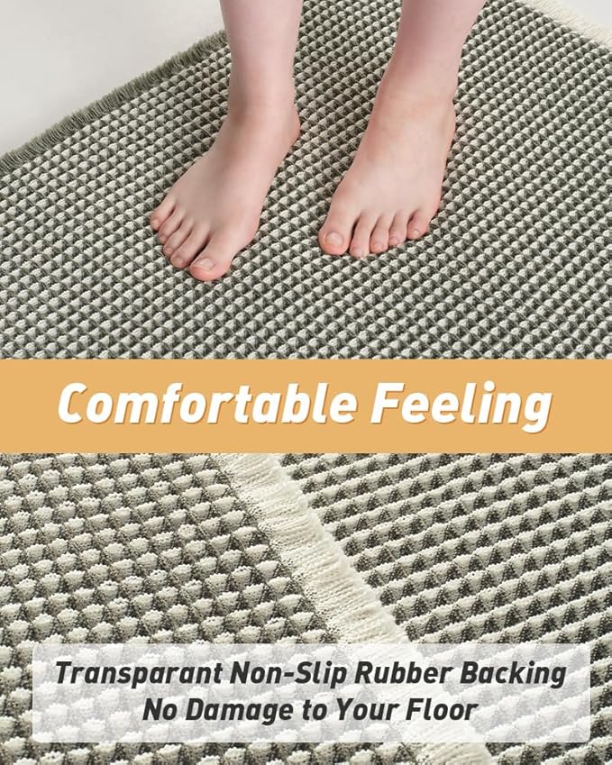 AMOAMI Upgraded Waffle Bath Mat, Super Absorbent Non Slip Bath Mats for Bathroom Floor, Machine Washable Bathroom Rugs with Tassels, Rubber Backed Bathroom Mats, Ultra Soft, 20" x 32", Green & Cream