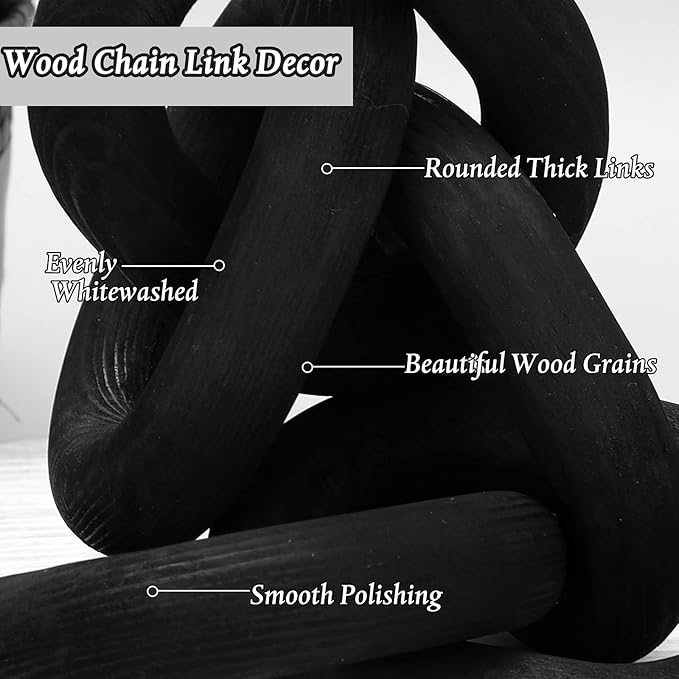 Queekay Decorative Wood Chain Link Decor Rustic Wooden 5 Link Wooden Chain Decor Ornament Farmhouse Home Decoration Hand Carved Wood Crafts Ornaments for Coffee Table(Black)