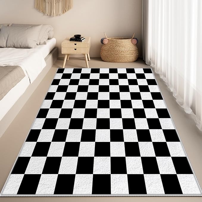 Black and White Checkered Rug for Living Room, 3x4 Area Rugs, Checkered Area Rug, Geometric Plaid Rugs, Geometrical Washable Non Slip Retro Carpet Home Floor Decor