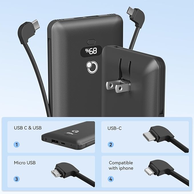 10000mAh Portable Charger with Built-in Cables and AC Wall Plug, USB C Fast Charging Power Bank with 3 Cords,5 Output External Battery Pack Compatible with iPhone,Tablet and All Smart Phones Black