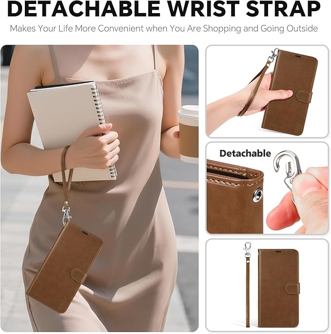 TUCCH Detachable Case Wallet for iPhone 17 Pro Max (6.9") 2025, Wrist Strap, 4 Card Holders RFID Blocking, Wireless Charging, Stand, 2-in-1 Magnetic, PU Leather, Shockproof Folio Cover, Brown