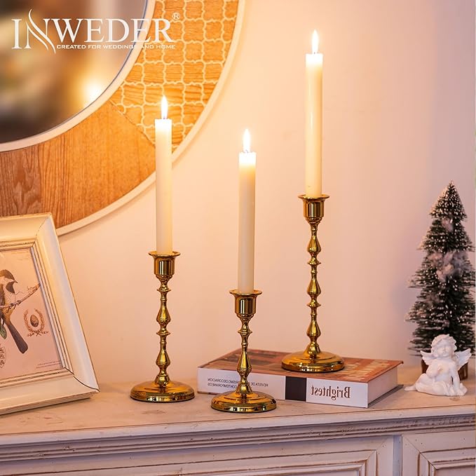 Brass Candlestick Holders Vintage: Set of 15 Gold Taper Candle Holder Metal Candle Sticks Holder Antique Decoration for Dinning Table Mantel Wedding Centerpieces Christmas Party