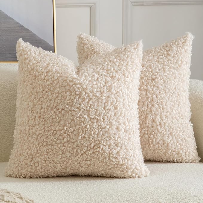 Yaertun Pack of 2 Faux Fur Throw Pillow Covers Decorative Sherpa Boucle Pillow Covers Fuzzy Soft Pillowcases Sheepskin Fleece Cushion Case for Couch Sofa Bed Living Room 24x24 Inch Beige