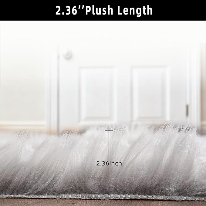 Grey Faux Fur Sheepskin Area Rug for Living Room Bedroom, 6 x 6 Feet Ultra Soft Shaggy Fuzzy Furry Carpet Chair Throw Large Rugs for Kids, Girls, Nursery Room Decor Dorms