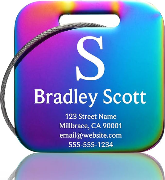 Customizable Stainless Steel Square Luggage Tags, Personalized, Metal, Suitcase, Bag, TSA Approved, Travel, Custom Text, Laser Engraved, Classic Square, Multicolor, 1 Count