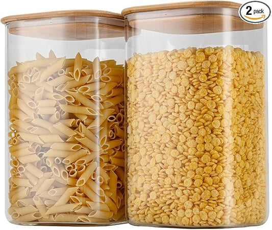 D2scrma 156oz Airtight Glass Square Storage Canister with Bamboo Lid Set of 2(4600ml*2) Large Gallon Glass Jars for Sugar, Flour, Cookies and Coffee beans (‎with Black Lable)