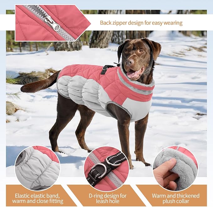 OUOBOB Large Dog Coat, XXLarge Dog Winter Coat, Waterproof Pet Jacket with Back Zipper,Extra Large Pet Coats, Warm Fleece Jacket with D-Ring, Windproof Winter Clothes Golden Retriever,Pink,XXL