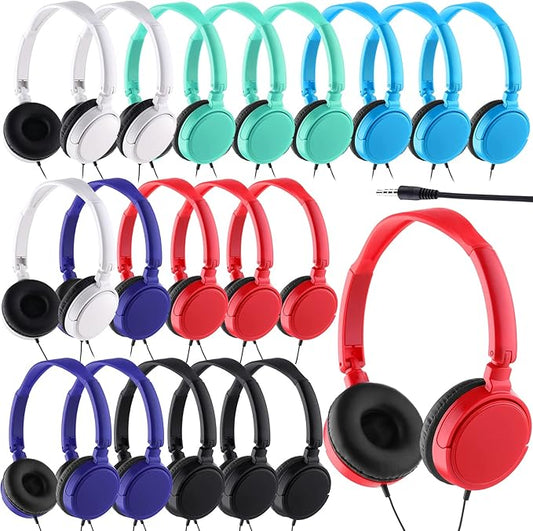 Yunsailing 18 Pack Classroom Headphones Bulk Student Wired Class Headphones Set for School with Individually Wrapped Adjustable Over Ear Head Earbuds (Multicolor)