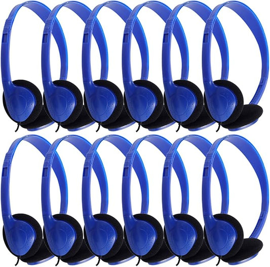 Kids Headphones Bulk 12 Pack for School Classroom Student Children Toddler Boys Girls Teen and Adults, Wholesale Wired Computer Earphones Class Set for Library Museums Airplane (HY857,12 Blue)
