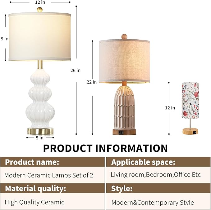 Triple Gourd Ceramic Table Lamps Set of 2, Modern White Bedside Lamps with Rotary Switch， Contemporary Nightstand Lamps for Bedroom Living Room
