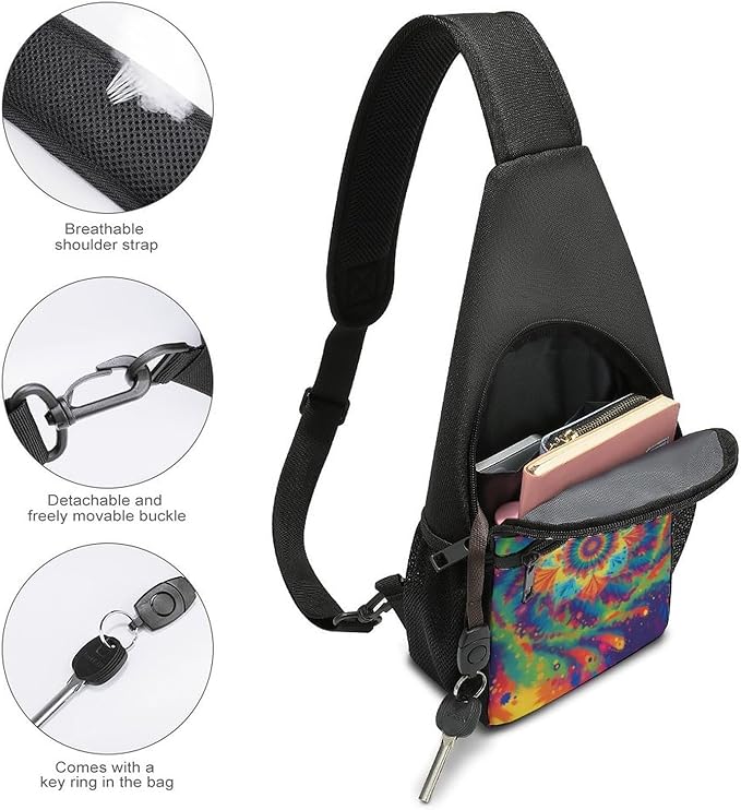 SWEET TANG Chest Bag for Men Women Spiral Psychedelic Tie Dye Rainbow Sling Shoulder Backpack Fashion Daypack, Outdoor Sport Adjustable Zippered Crossbody Bag with Large Capacity