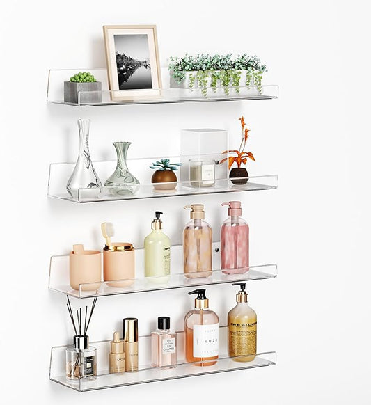 Albumgit 4 Pack Acrylic Shelves for Wall Storage, Self-Adhesive 15" Clear Floating Shelf for Pop Figures, Picture, Perfume, Books, Wall Shelf Organizer for Bathroom, Living Room, Bedroom, Kitchen
