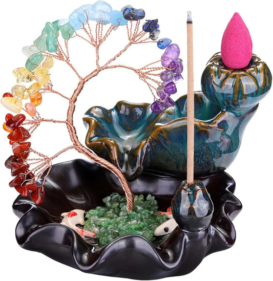 Jovivi Backflow Incense Burner Ceramic Incense Waterfall,7 Chakra Stones Healing Crystal Money Tree Incense Holder for Wealth, Good Luck, Yoga Meditation, Home Decor
